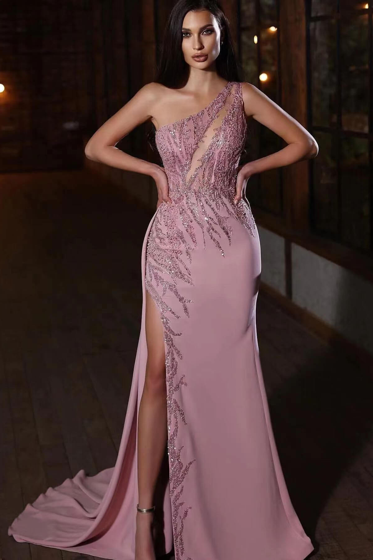 One Shoulder Sleeveless Appliques Evening Formal Dress Mermaid With Split