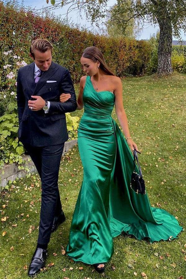 One Shoulder Sleeveless Dark Green Prom Dress Evening Formal Dress Long With Pleated