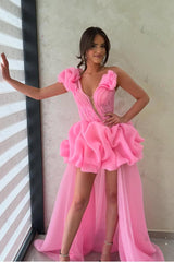 One Shoulder Sleeveless Evening Formal Dress With Pleated Ruffled