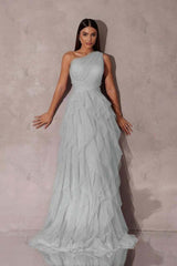 One Shoulder Sleeveless Long Evening Formal Dress With Tulle Ruffle