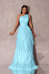 One Shoulder Sleeveless Long Evening Formal Dress With Tulle Ruffle