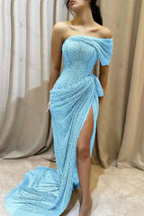 One Shoulder Sleeveless Long Mermaid Evening Formal Dress With Split Pleated
