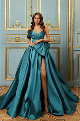 One Shoulder Sleeveless Long Split Evening Formal Dress With Pleated Bowknot