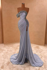 One Shoulder Sleeveless Long Split Evening Formal Dress With Pleated Sequined