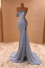 One Shoulder Sleeveless Long Split Evening Formal Dress With Pleated Sequined