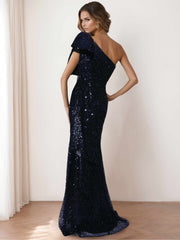 One Shoulder Sleeveless Mermaid Trumpet Long Mother of the Bride Dress with Bow and Side Ruffle