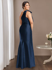 One Shoulder Sleeveless Satin Mother of the Bride Dress with Bowknot Sheath Column