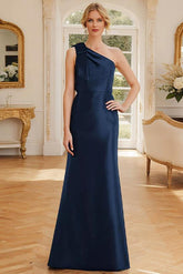 One Shoulder Sleeveless Satin Mother of the Bride Dress with Bowknot Sheath Column