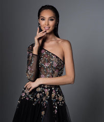 One Shoulder Tulle Black Appliques Split A-Line Prom Dresses