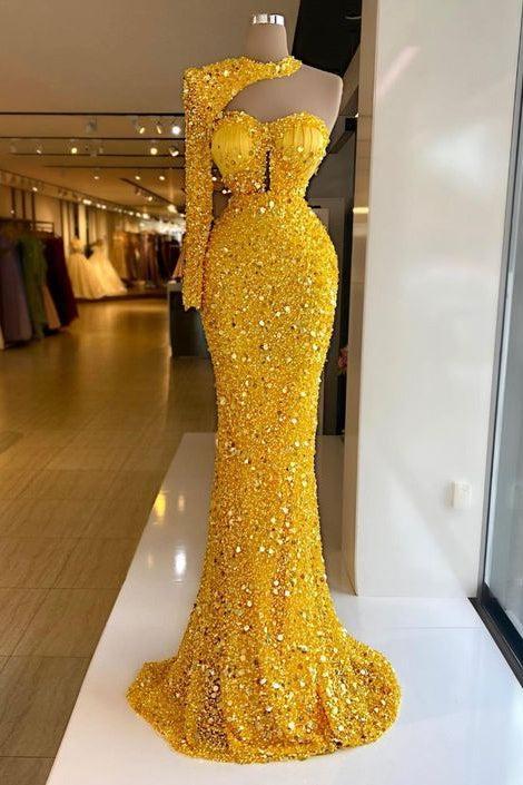 One Shoulder Yellow Halter Long Sleeve Sweetheart Mermaid Evening Formal Dress With Sequined
