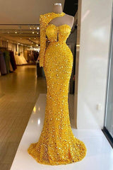 One Shoulder Yellow Halter Long Sleeve Sweetheart Mermaid Evening Formal Dress With Sequined