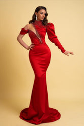 One Sleeve Red Prom Dress High Neck Mermaid Evening Formal Dress With Beading
