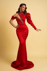 One Sleeve Red Prom Dress High Neck Mermaid Evening Formal Dress With Beading