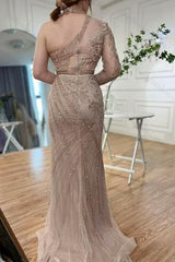 One shoulder Long Sleeve Champagne Bead Embroidery Evening Formal Dress