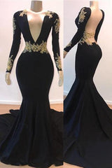 Open Back Gold Lace Black Prom Dresses Mermaid Long Sleeve Formal Evening Gowns