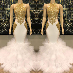 Open Back Gold Lace Sexy Prom Dress on Mannequins | Mermaid Ruffles Evening Gowns Online