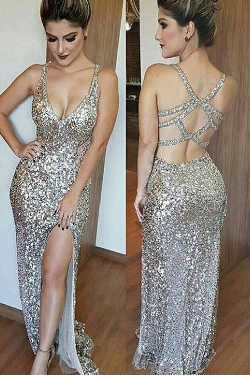 Open Back Long Mermaid V-neck Sequins SleevelessProm Dress