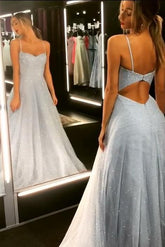 Open Back Prom Dress Spaghetti Strap Sequin Evening Gowns