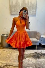 Orange A Line Homecoming Dresses Halter Ruffled Short Corset Cocktail Dresses