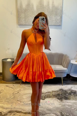 Orange A Line Homecoming Dresses Halter Ruffled Short Corset Cocktail Dresses