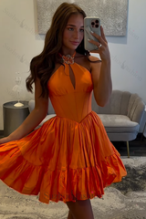 Orange A Line Homecoming Dresses Halter Ruffled Short Corset Cocktail Dresses