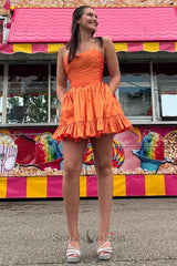 Orange A Line Homecoming Dresses Strapless Ruffled Short Cocktail Dresses With Pockets