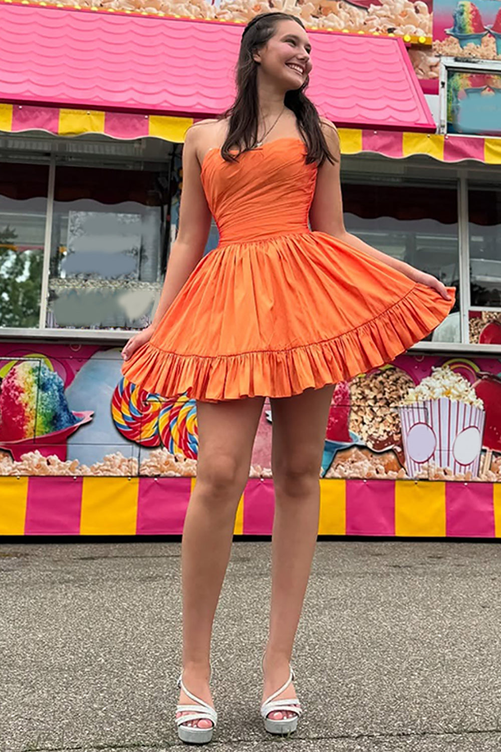 Orange A Line Homecoming Dresses Strapless Ruffled Short Cocktail Dresses With Pockets