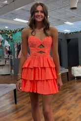 Orange A Line Homecoming Dresses Tiered Short Cocktail Dresses With Beading