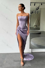 Orange High-split Strapless Pleats Evening Prom Dresses with court train