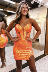 Orange Homecoming Dresses Corset Sweetheart Tight Short Cocktail Dresses with Slit