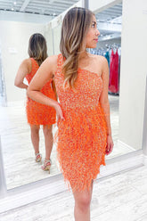 Orange Homecoming Dresses One Shoulder Sequin Tight Prom Dress with Feathers
