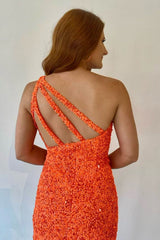 Orange Homecoming Dresses One Shoulder Sequined Prom Dress