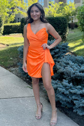 Orange Homecoming Dresses One Shoulder Tight Satin Prom Dress with Slit