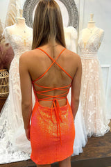 Orange Homecoming Dresses Sequined Tight Short Cocktail Dresses with Slit