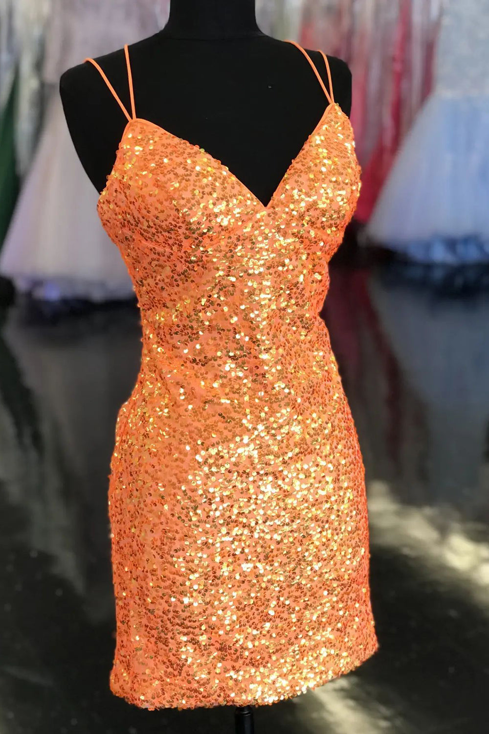 Orange Homecoming Dresses Sequined Tight Short Cocktail Dresses