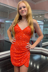 Orange Homecoming Dresses Spaghetti Straps Short Tight Prom Dress