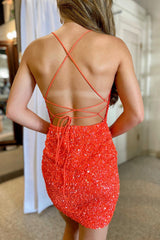 Orange Homecoming Dresses Spaghetti Straps Tight Sequin Prom Dress