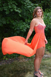 Orange Homecoming Dresses Strapless Tight Short Cocktail Dresses with Beadings