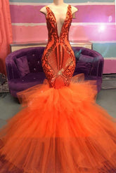 Orange Mermaid Lace Appliques Prom Dresses | Tulle Ruffles Sexy V-neck Evening Gowns