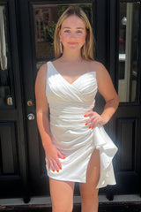 Orange One Shoulder Satin Tight Homecoming Dresses Short Cocktail Dresses With Slit