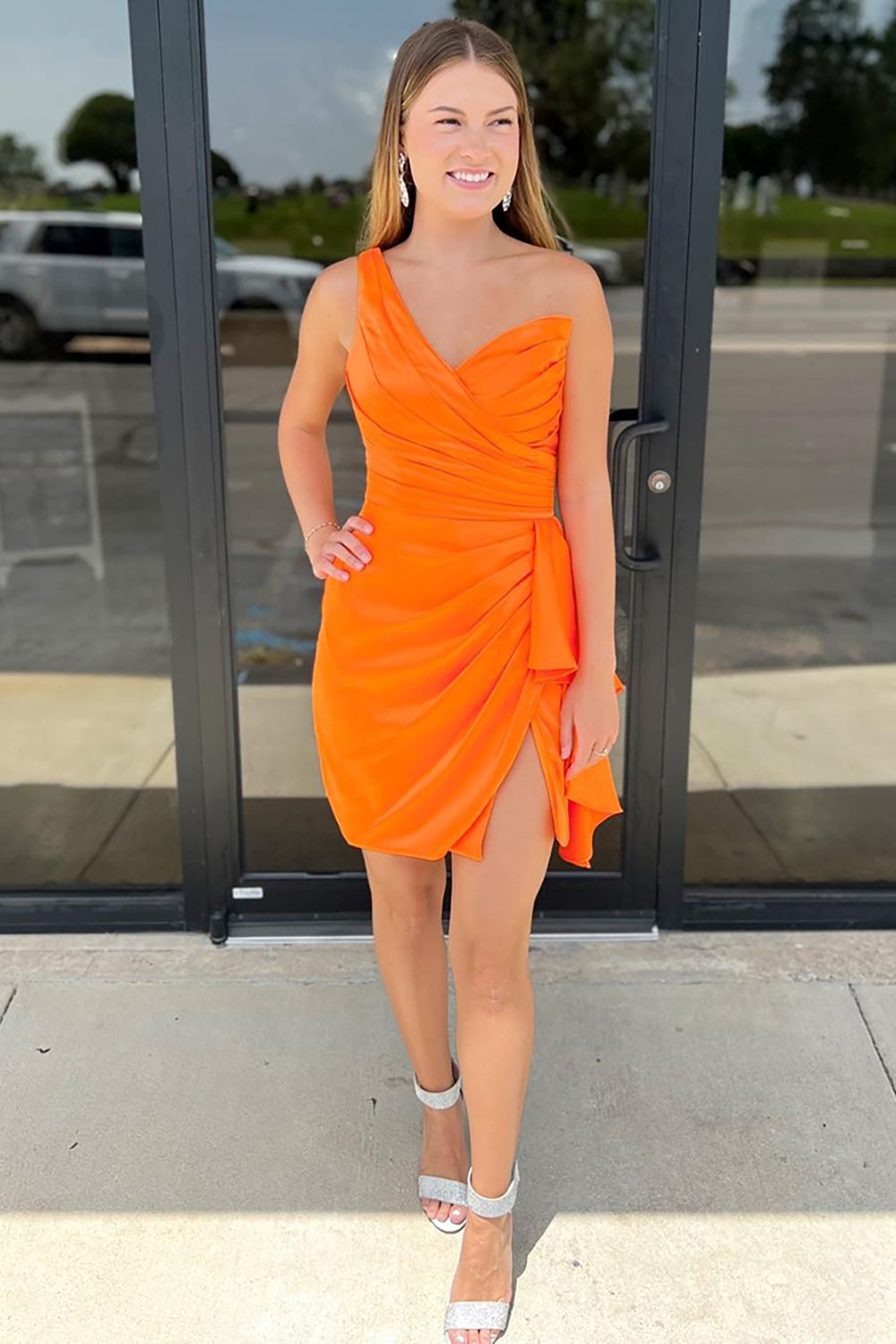 Suzhoufashion Orange One Shoulder Satin Tight Homecoming Dresses Short Cocktail Dresses With Slit Suzhoufashion Orange One Shoulder Satin Tight Homecoming Dresses Short Cocktail Dresses With Slit