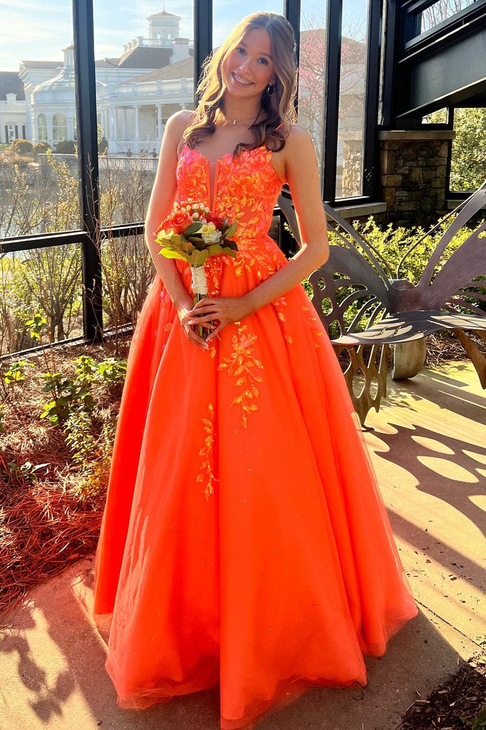 Suzhoufashion Orange Prom Dress Floral Corset A-Line Long Formal Dress suzhoufashion Suzhoufashion Orange Prom Dress Floral Corset A-Line Long Formal Dress suzhoufashion