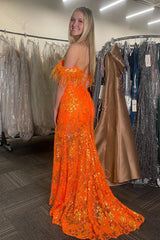 Orange Prom Dress Floral Mermaid Off The Shoulder Long Formal Dress With Slit
