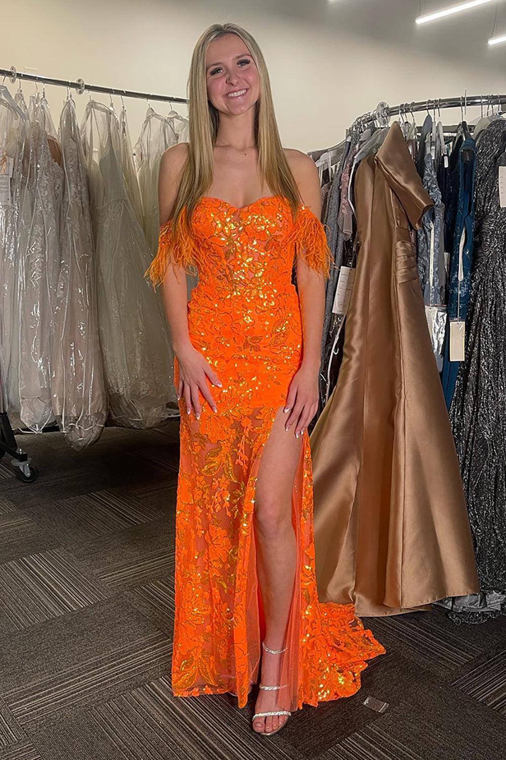 Orange Prom Dress Floral Mermaid Off The Shoulder Long Formal Dress With Slit