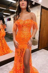 Orange Prom Dress Mermaid Off The Shoulder Feathered Long Formal Dress With Slit