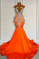 Orange Sleeveless Illusion Mermaid Prom Party Dresses With Beadings and Feather