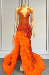 Orange Sleeveless Mermaid Formal Dresses with Side Slit and Tulle Beadings