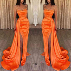 Orange Sweetheart Mermaid Evening Prom Dresses Long Slit Ruffles With Sequins