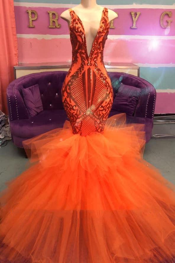 Orange V-Neck Sleeveless Prom Dress Mermaid With Ruffles