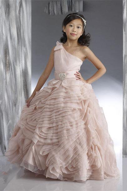 Organza Flower Girl Dresses One Shoulder Bow Beading Lovely Tiered Ball Gown Pink Pageant Dress